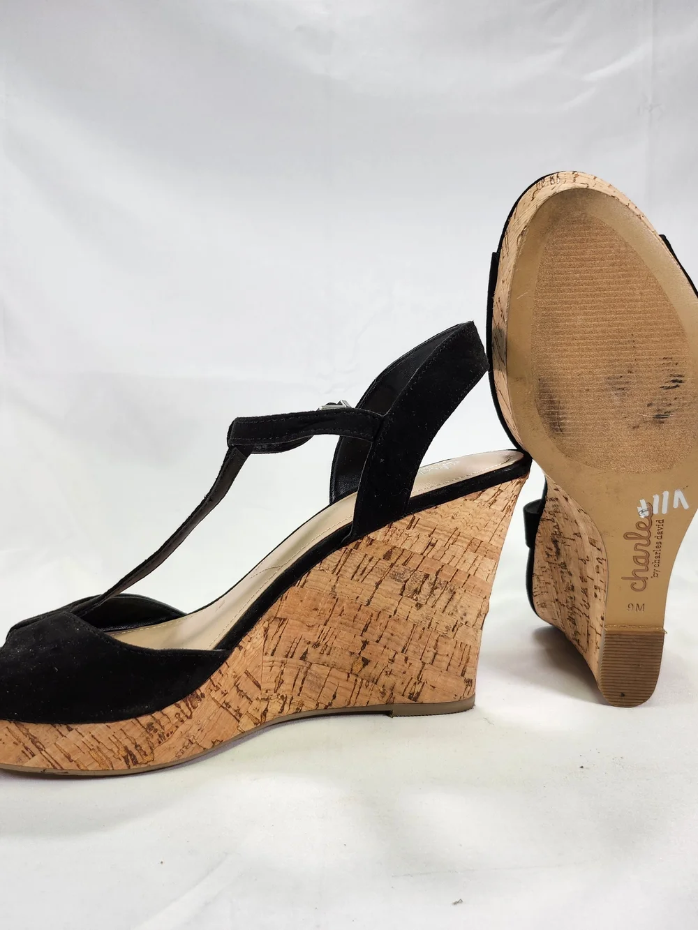 Charles By Charles David Black Suede Cork Wedge Sandals